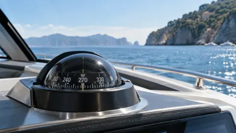 Bussola sul cruscotto di uno yacht, davanti il mare e la costa